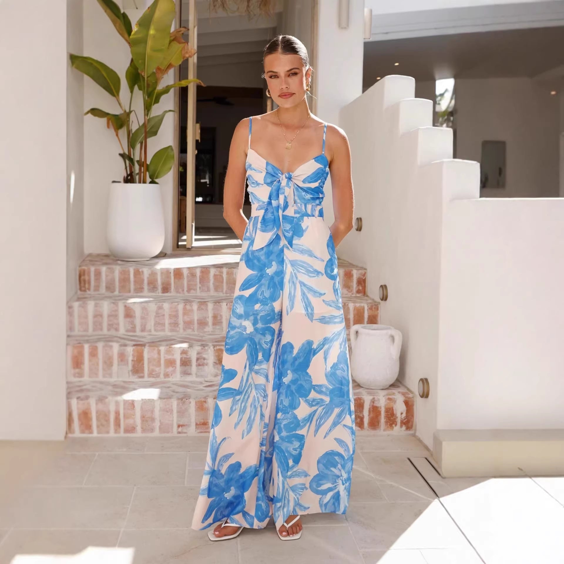 Womens Printed Knotted Wide-Leg High-Waist Straight Jumpsuit
