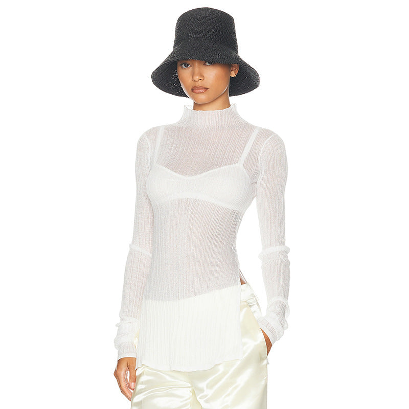 Turtleneck Long Sleeve Split Rib Knitted T-shirt