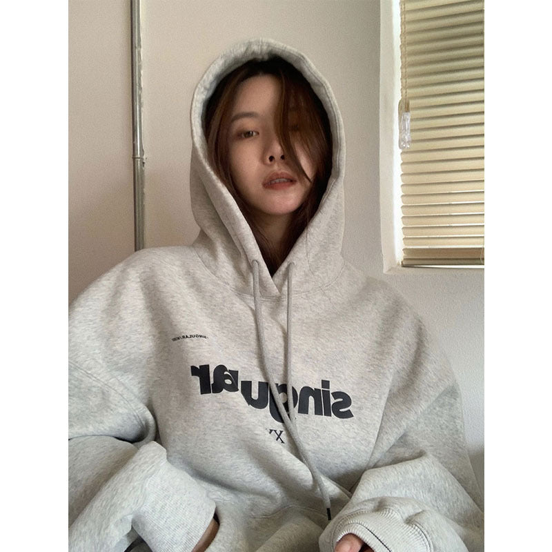 Cozy Loose Grey Hooded Sweatshirt for Women