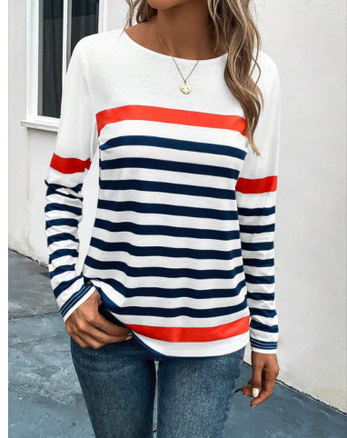 Women's Striped Round Neck Long Sleeve Casual Top