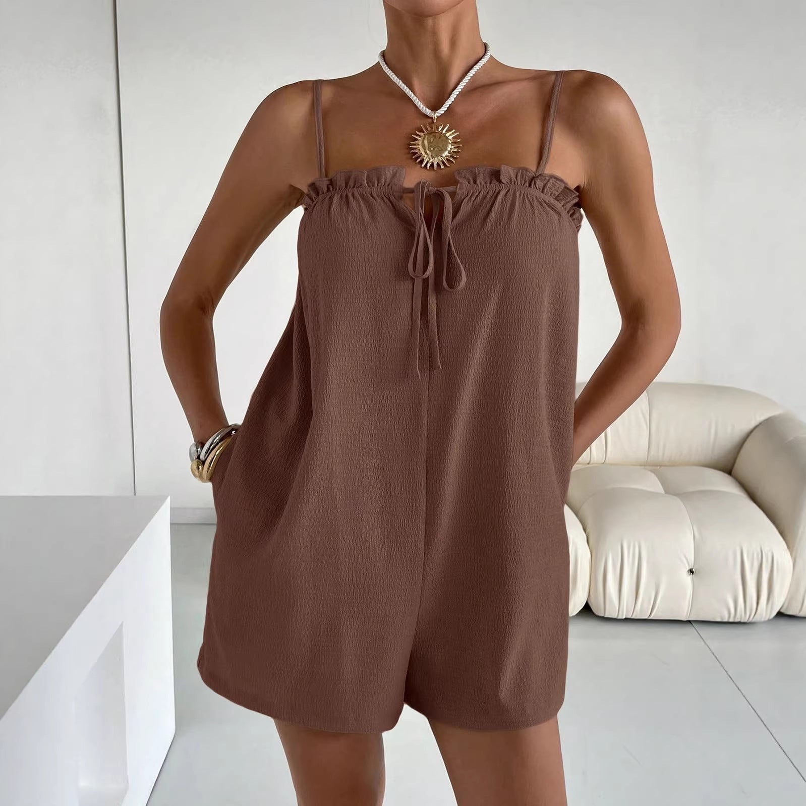 Womens Ice Silk Wrinkled Pure And Alluring Style Fashionable Suspender Jumpsuit
