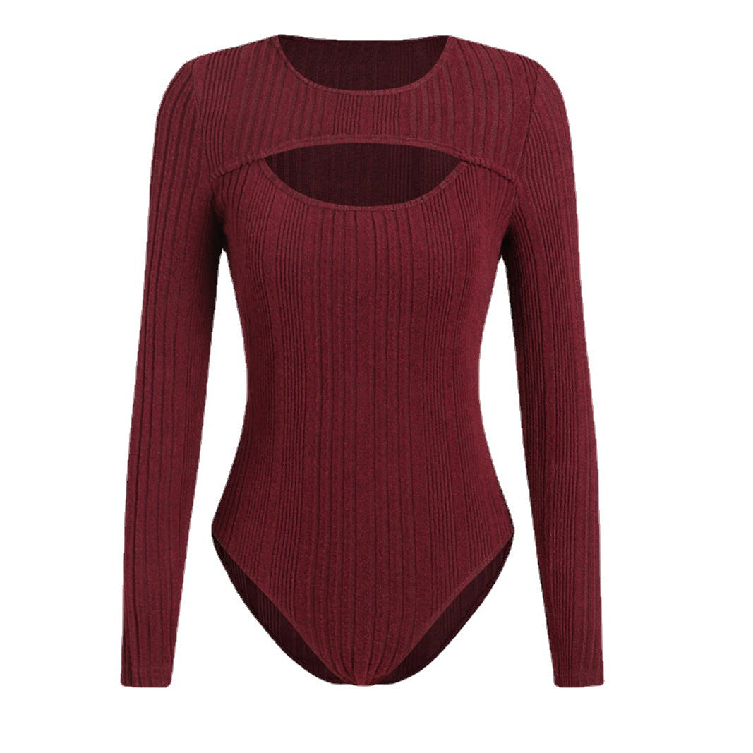 Ribbed Hollow-Out Long Sleeve Slim Romper