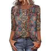 Printed 34 Sleeves Button Women's T-shirt