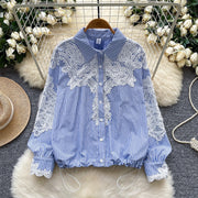 Elegant Lace-Trimmed Striped Long Sleeve Shirt for Women
