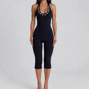 Halter-neck Metal-hole Tight Capri Jumpsuit