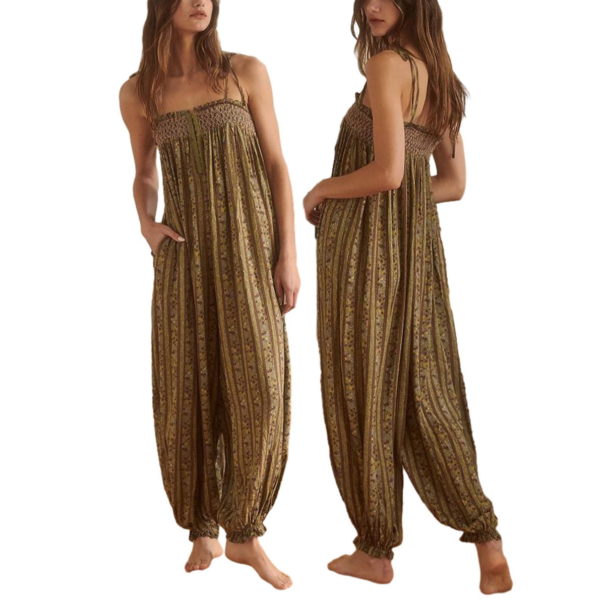 Womens Printed Loose-Fit Figure-Flattering Jumpsuit