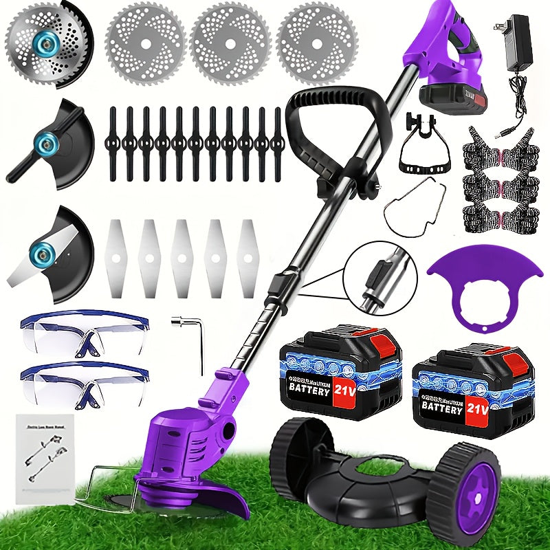 21V Cordless Handheld Multi‑Function Electric Lawn Mower with 2 Lithium Batteries and Triple Blade Set