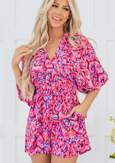 Abstract Print V-Neck Puff Sleeve High Waist Romper