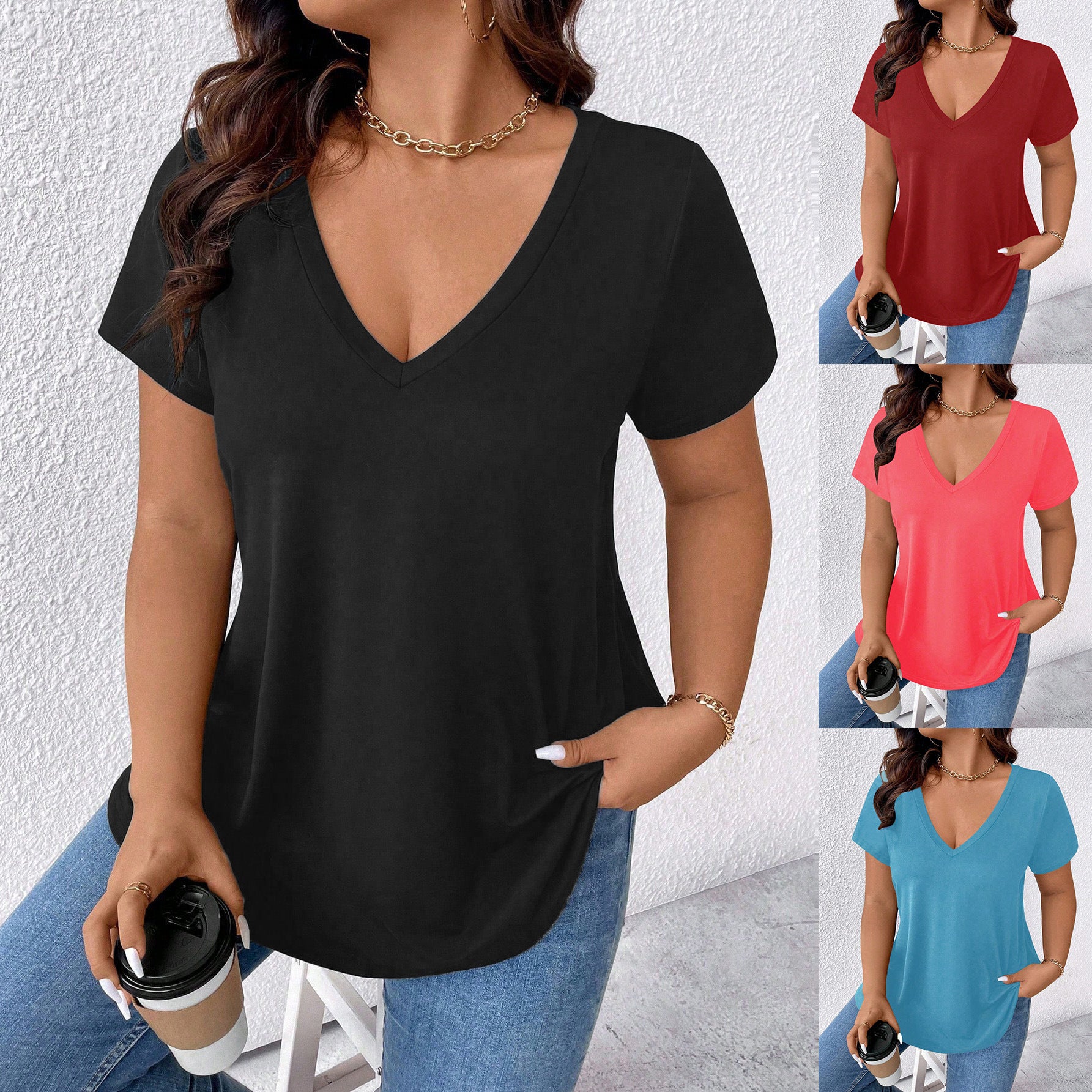 V-Neck Short-Sleeve T-Shirt – Solid Color, Casual Women's Top