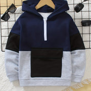 Boys' Color Block Patchwork Hooded Sweatshirt – Long Sleeve Zip-Up