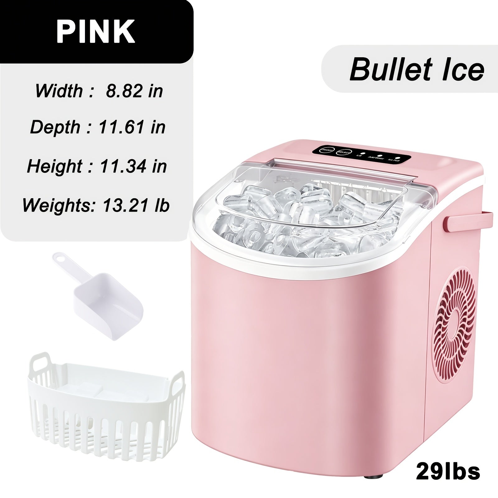 Portable Countertop Ice Maker with Handle – 29 lb/24 h Production, 9‑Cube 6‑Minute Cycle, Includes Basket and Scoop
