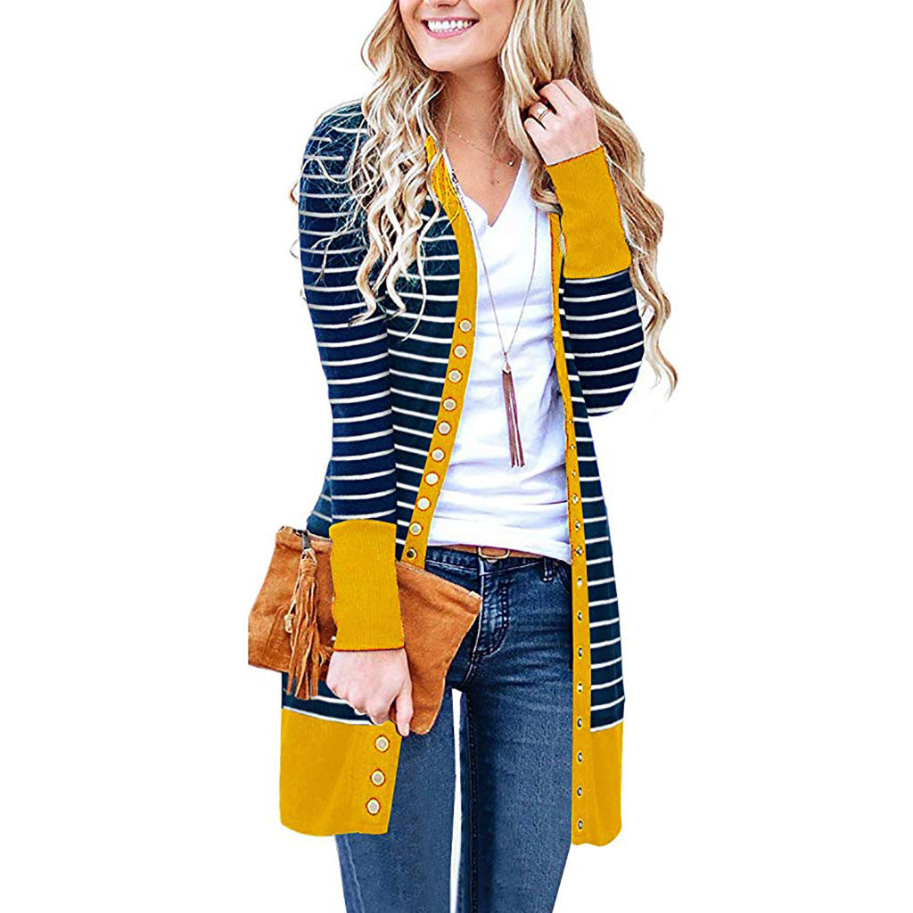 Plus Size Striped Mid-Length Cardigan Sweater