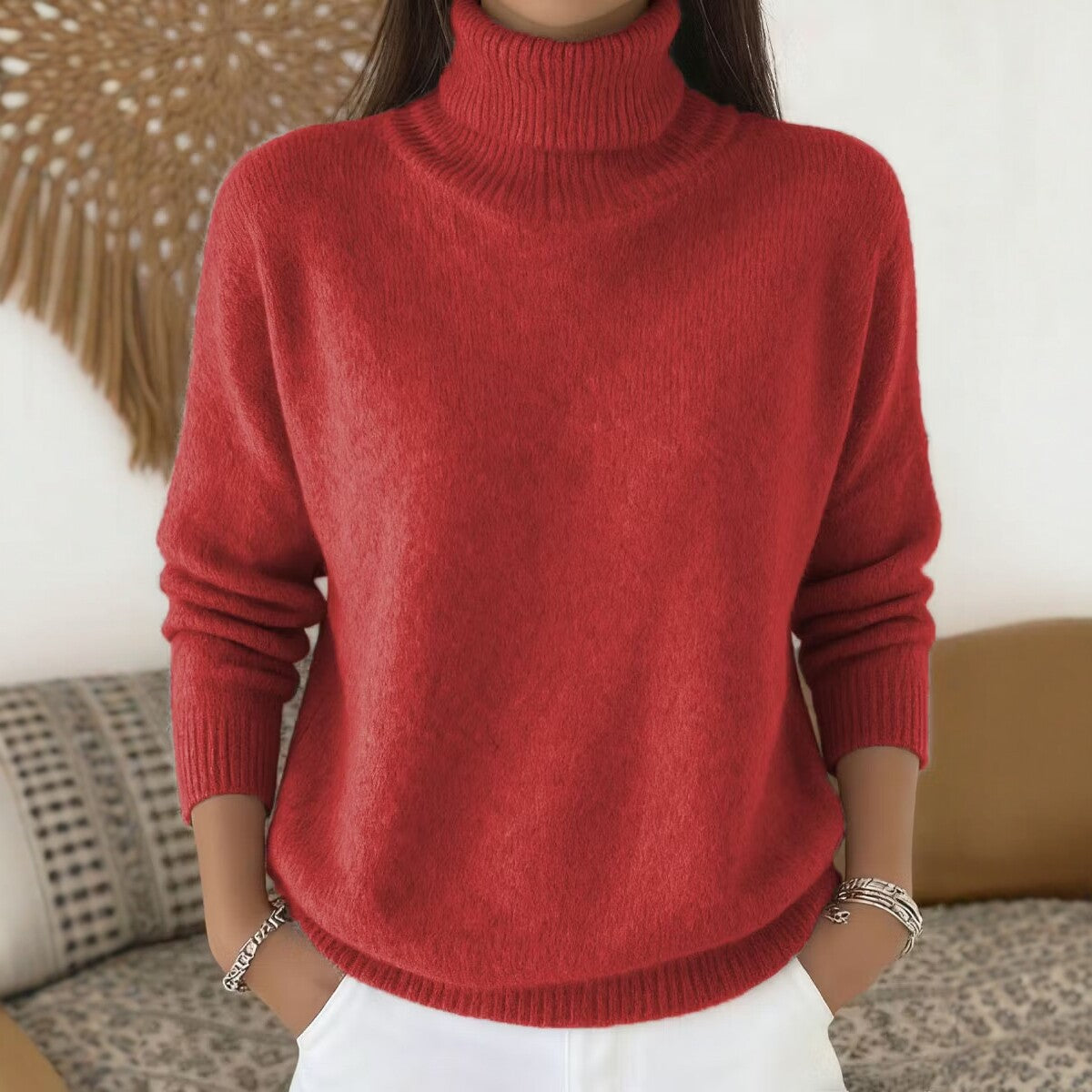 Womens Loose-fitting Solid-color Turtleneck Pullover Knit Sweater