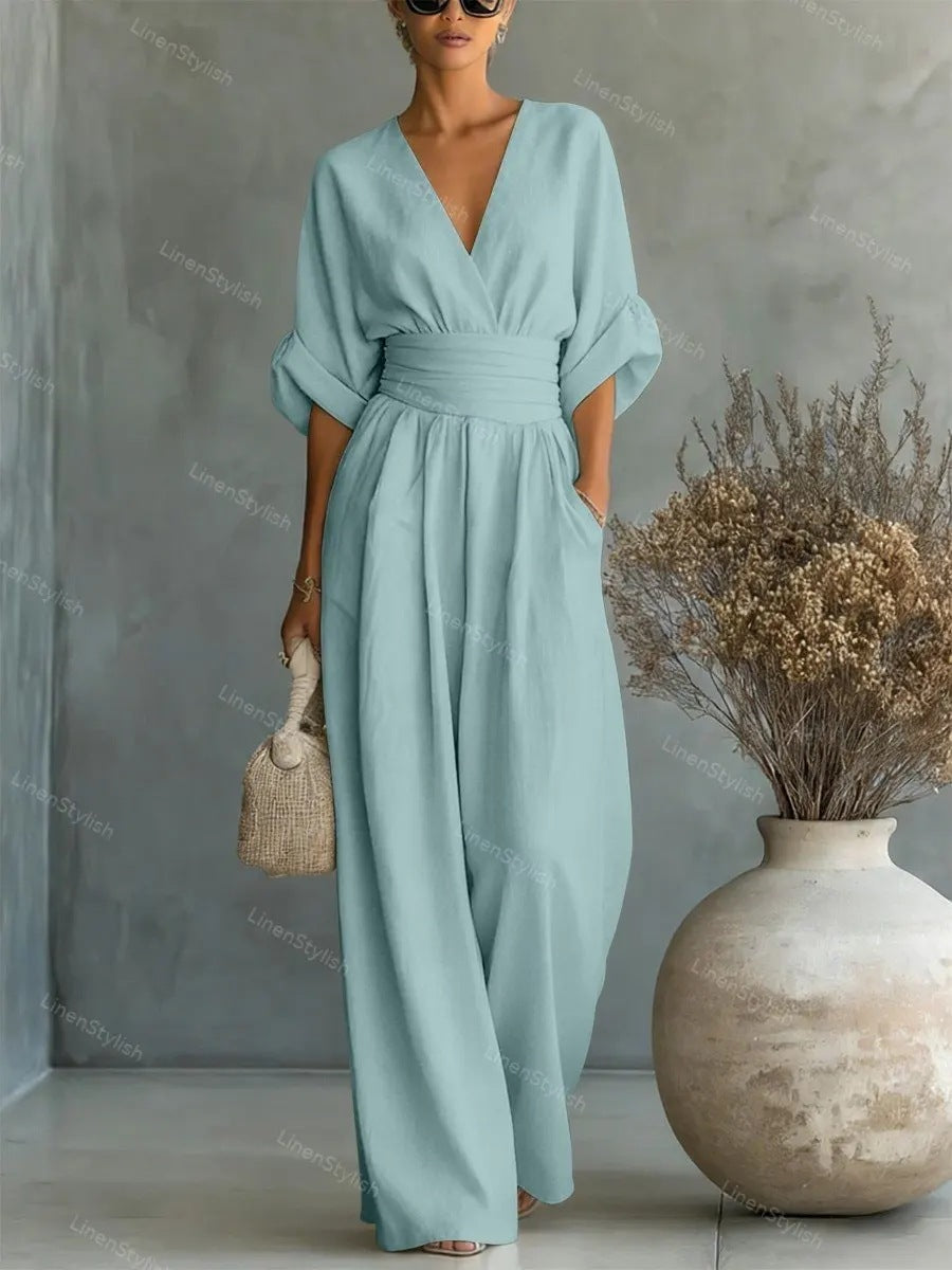 Elegant V-Neck Wide-Leg Waist-Cinching Jumpsuit