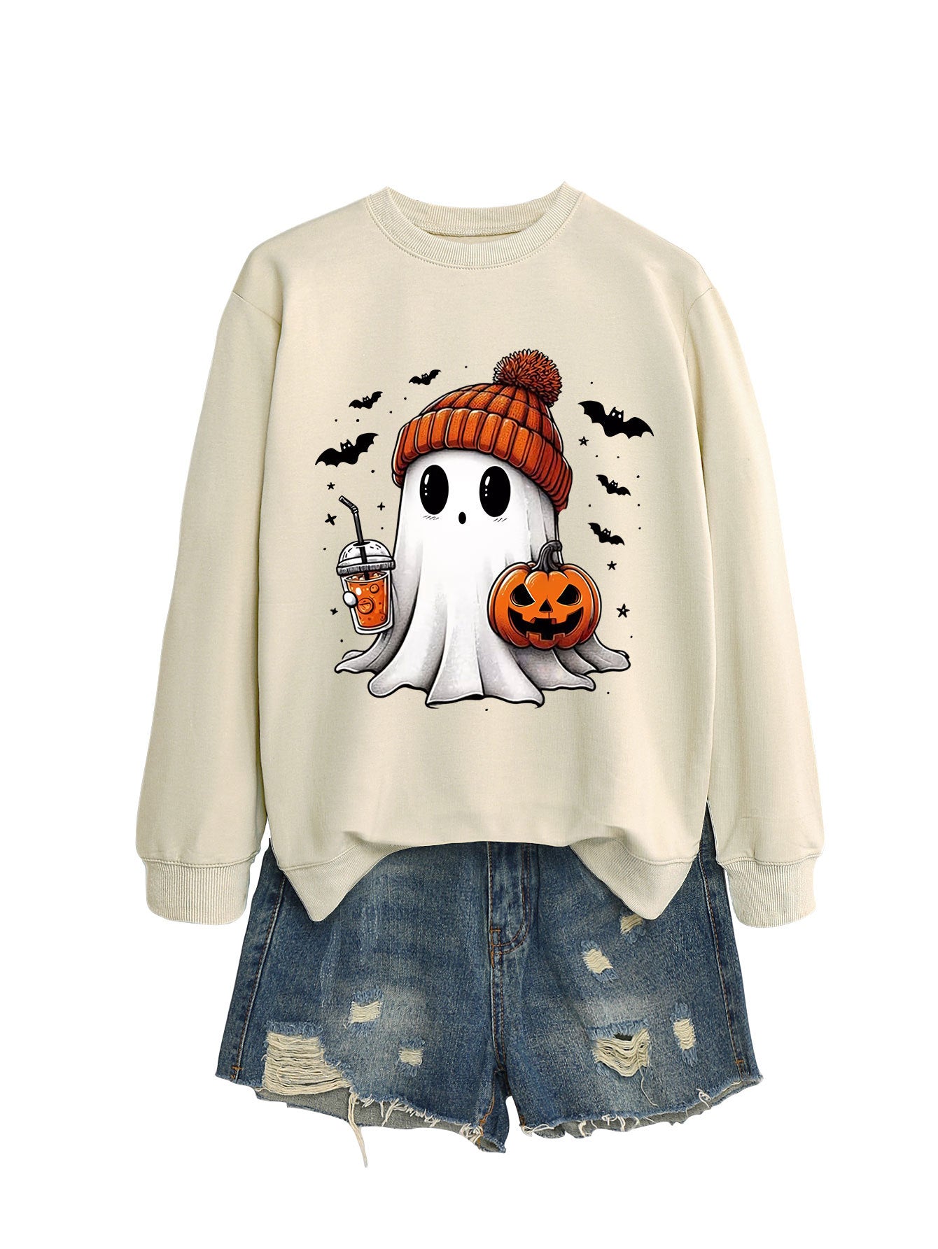 Pumpkin Print Long Sleeve Crew Neck Sweatshirt