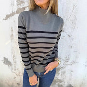 Striped Turtleneck Buttons Women's Knitted Sweater Top