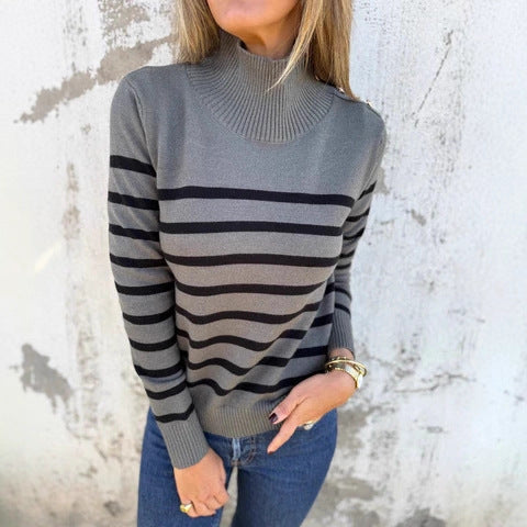 Striped Turtleneck Buttons Women's Knitted Sweater Top