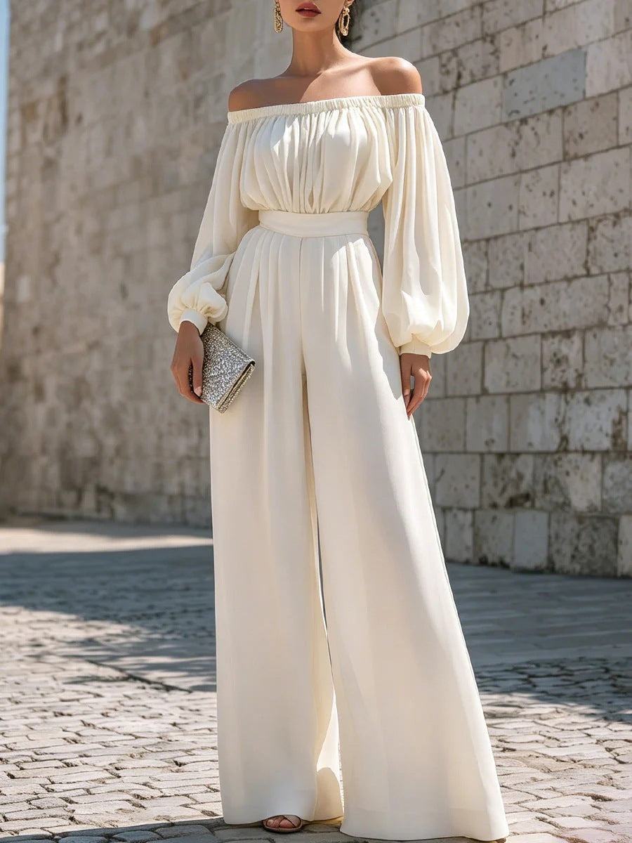 One-shoulder Puff-sleeve Waist-cinching Wide-leg Jumpsuit