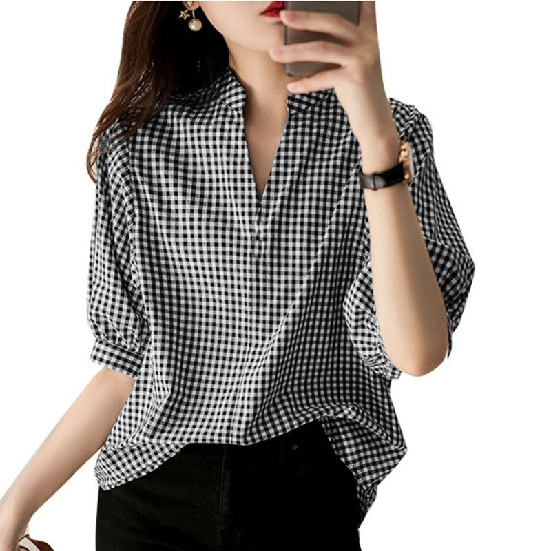 Loose Casual Half Sleeve Plaid Printed Shirt