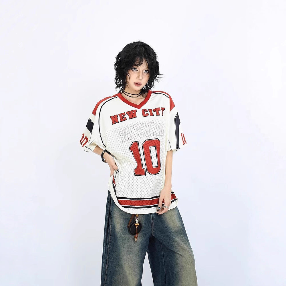 Women's Retro Baseball Short Sleeve Shirt – Apricot Letter Print