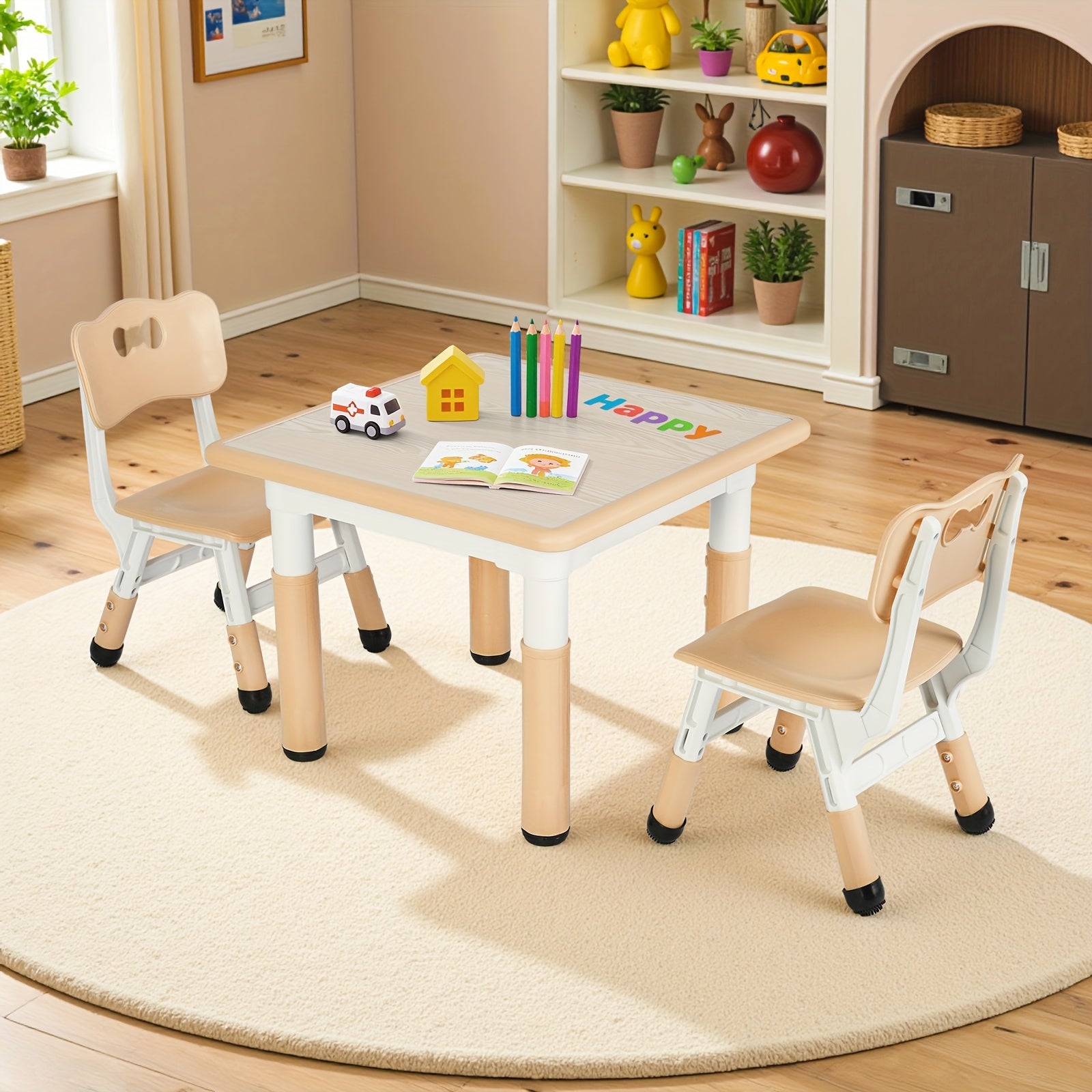Kids Height-Adjustable Table and Chair Set with Non-Slip Legs and Easy-Clean Graffiti Desktop, 23.6" L x 23.6" W, Beige