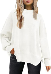 Thick Needle Side Slit Sweater Round Neck Loose Solid Color Batwing Long Sleeve Sweater for Women