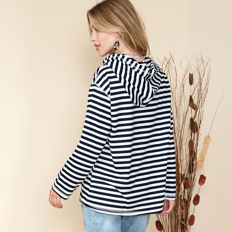 Women's Striped Casual Hooded Pullover Sweater