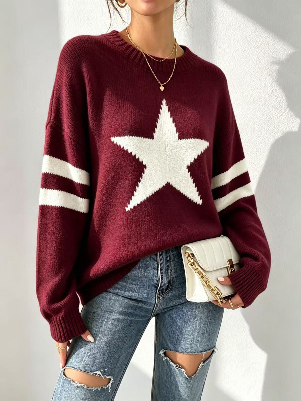Womens Five-pointed-star Jacquard-knit Sweater