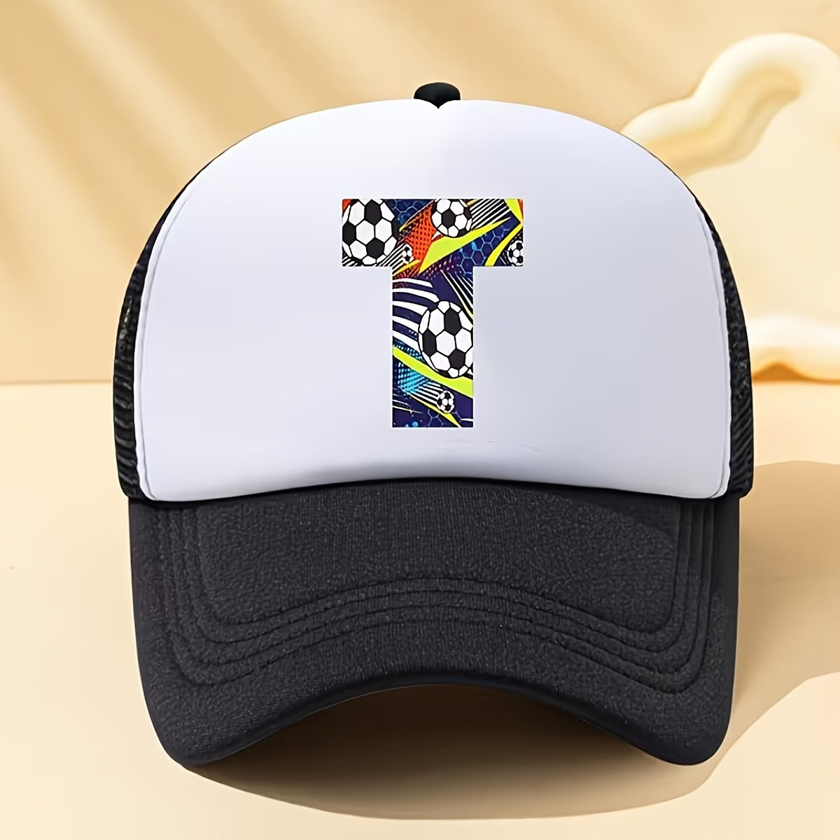 Kids Soccer-Themed Mesh Trucker Cap with A‑Z Letter Print