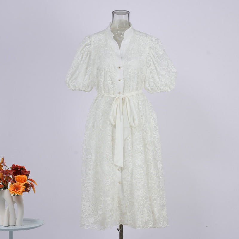Heavy-duty French Embroidery Solid-color Oversized Tie-front Dress