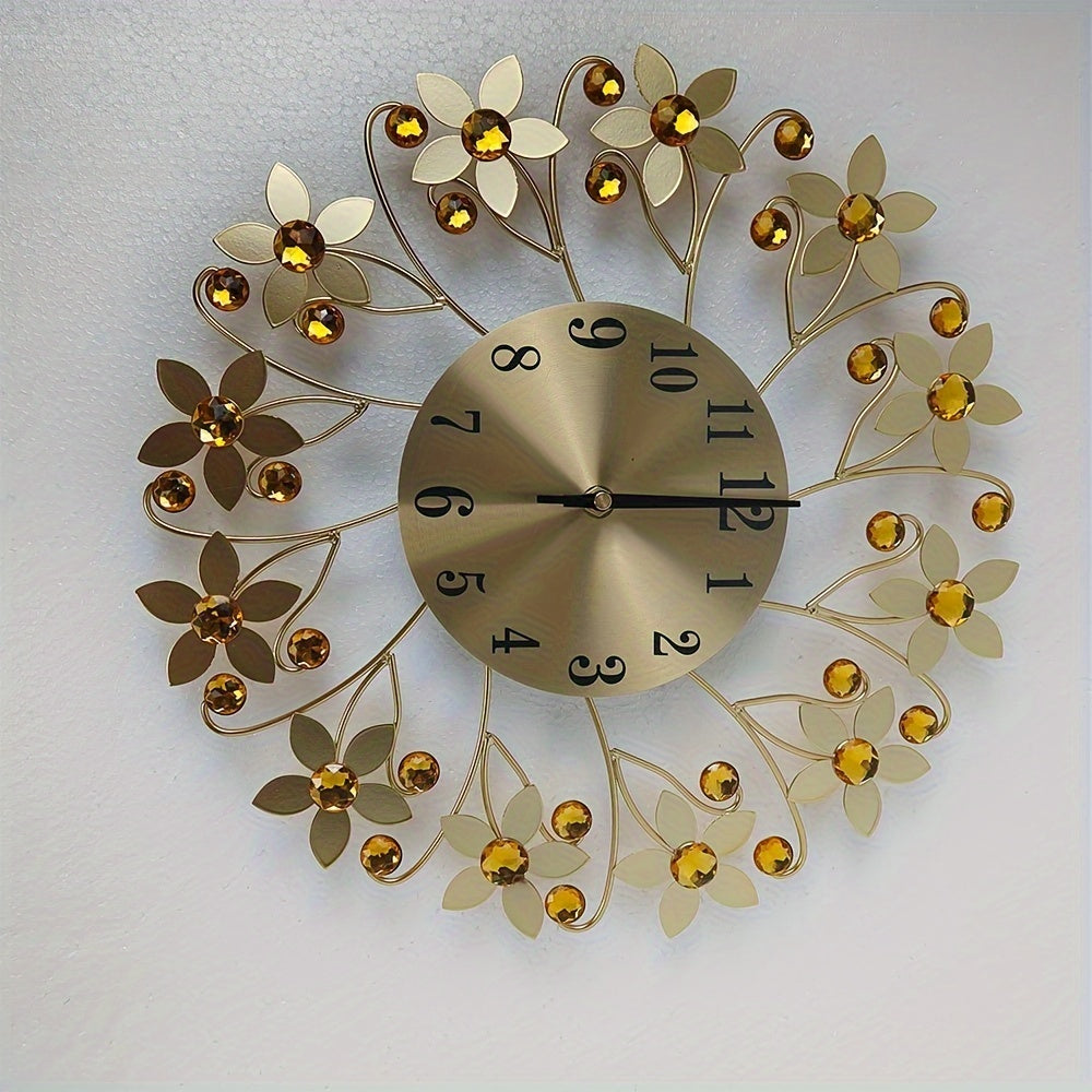 1pc Modern Silent Wall Clock, 14.17-inch Metallic Clock For Living Room & Bedroom, Easy To Read, Metal Material, Round Flower Design With Crystals – Home Decor Accessory