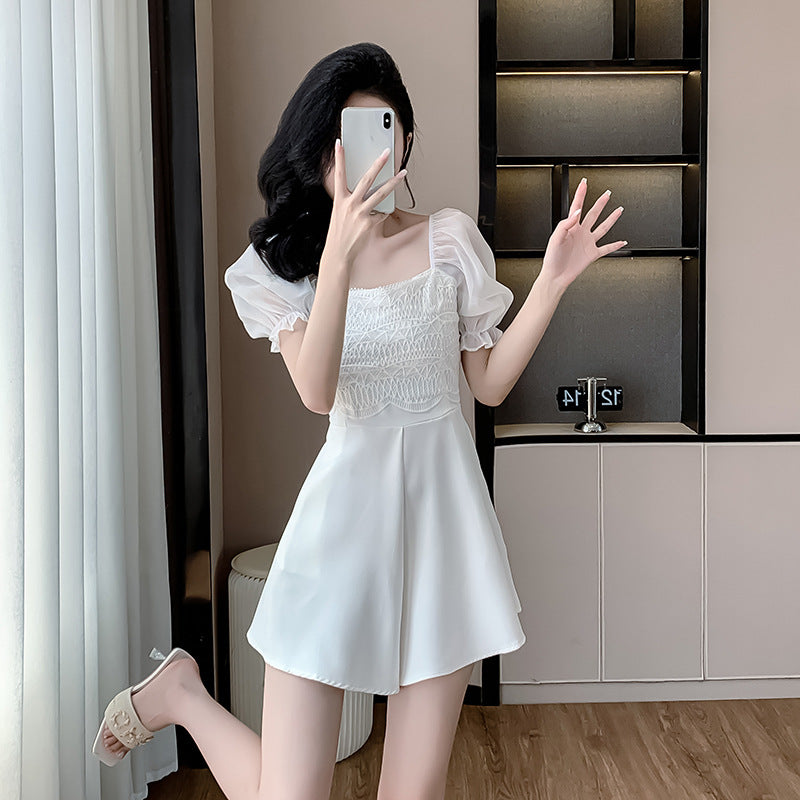 Lace Square Collar Puff Sleeve Slim-fit Jumpsuit