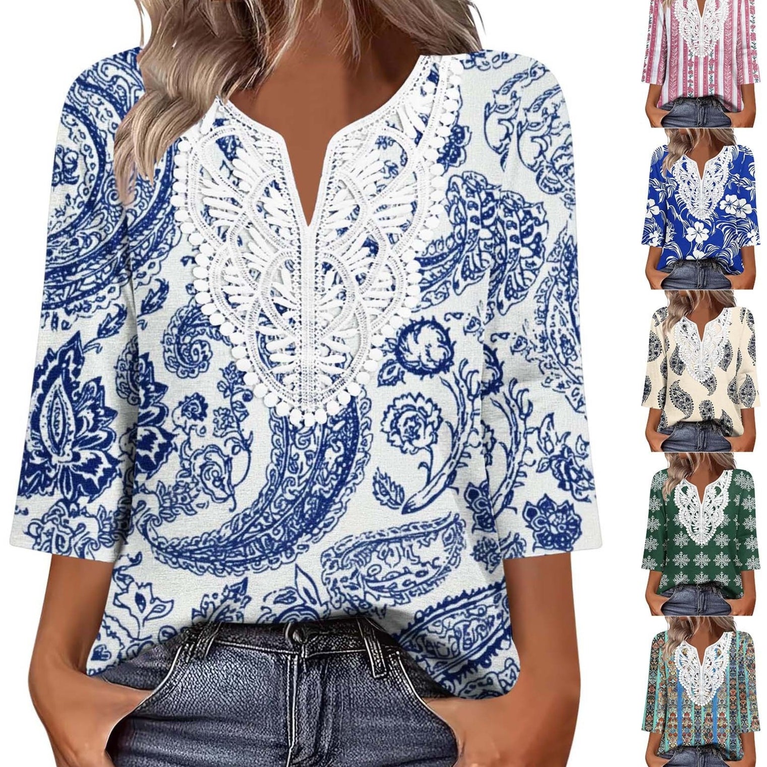 Loose-Fit Lace Patchwork Top – Retro Three‑Quarter Sleeve