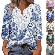 Loose-Fit Lace Patchwork Top – Retro Three‑Quarter Sleeve