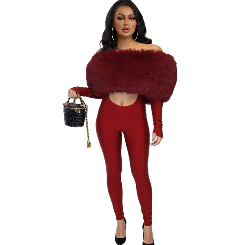 Sexy Off-Shoulder Furry Stitching Long Sleeve Jumpsuit