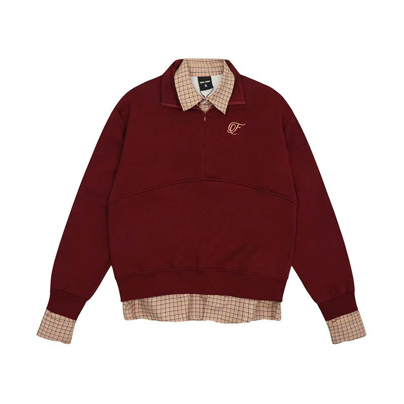 Plaid Stitching Brushed Hoodie with Fake Two-Piece Design