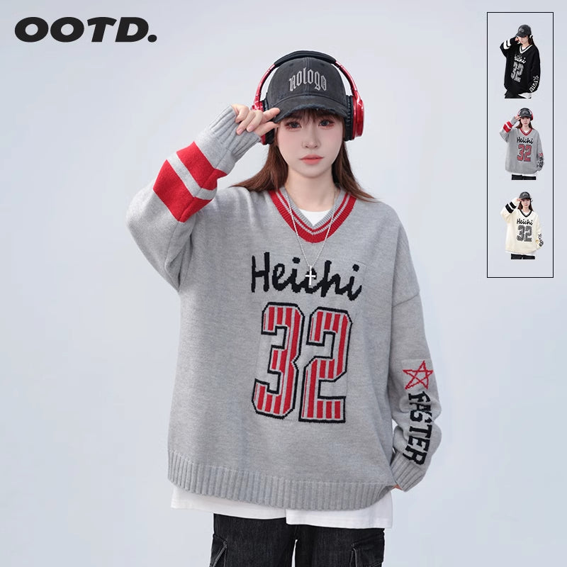 Contrast Color Digital Print Loose Pullover Sweater