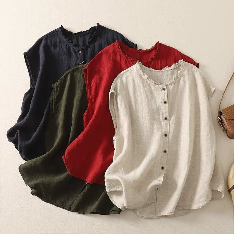 Women's Sleeveless Cardigan Top – Breathable Cotton‑Linen, Button Detail