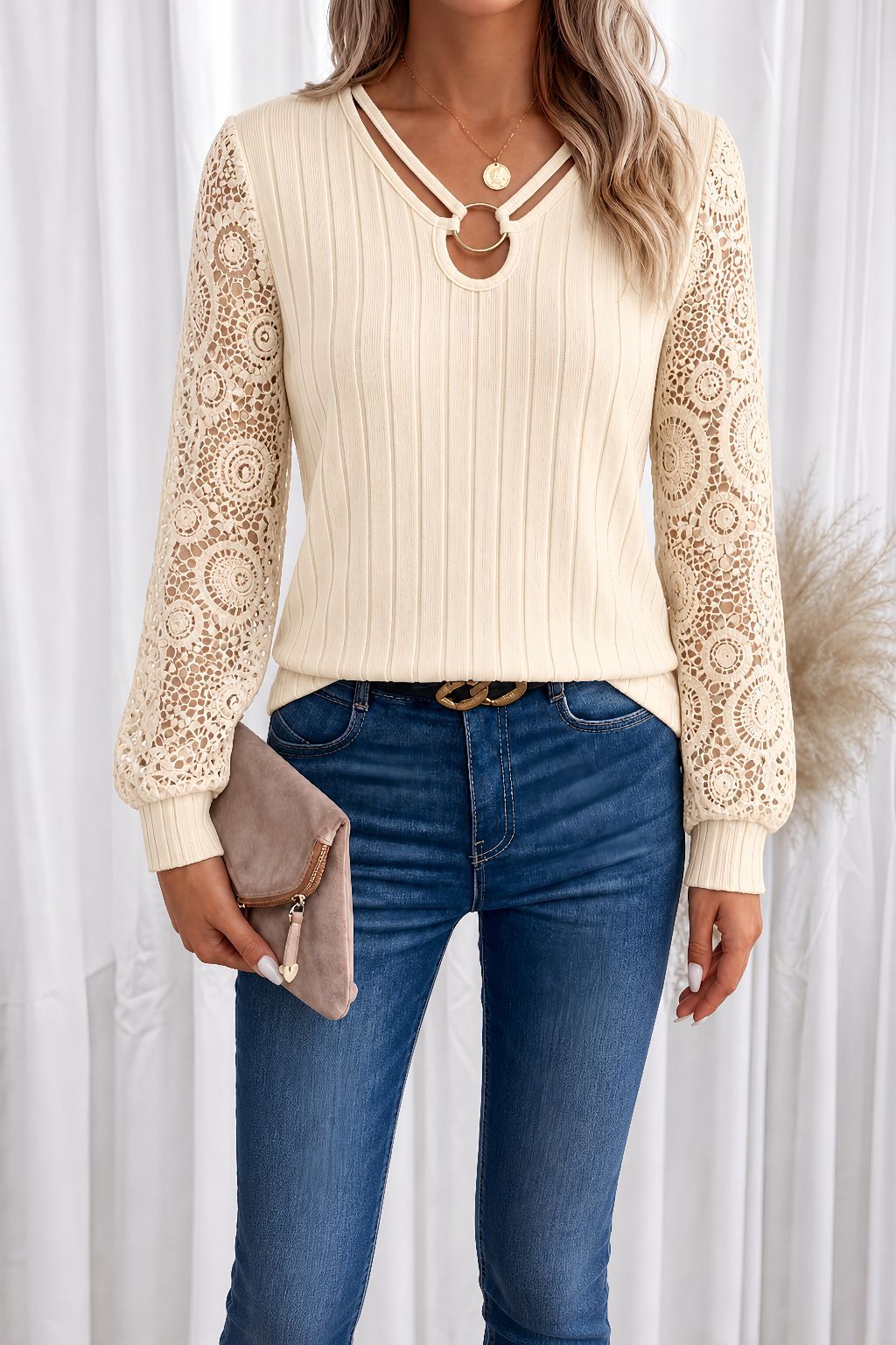 New Patchwork Hollow Out Long Sleeve Top