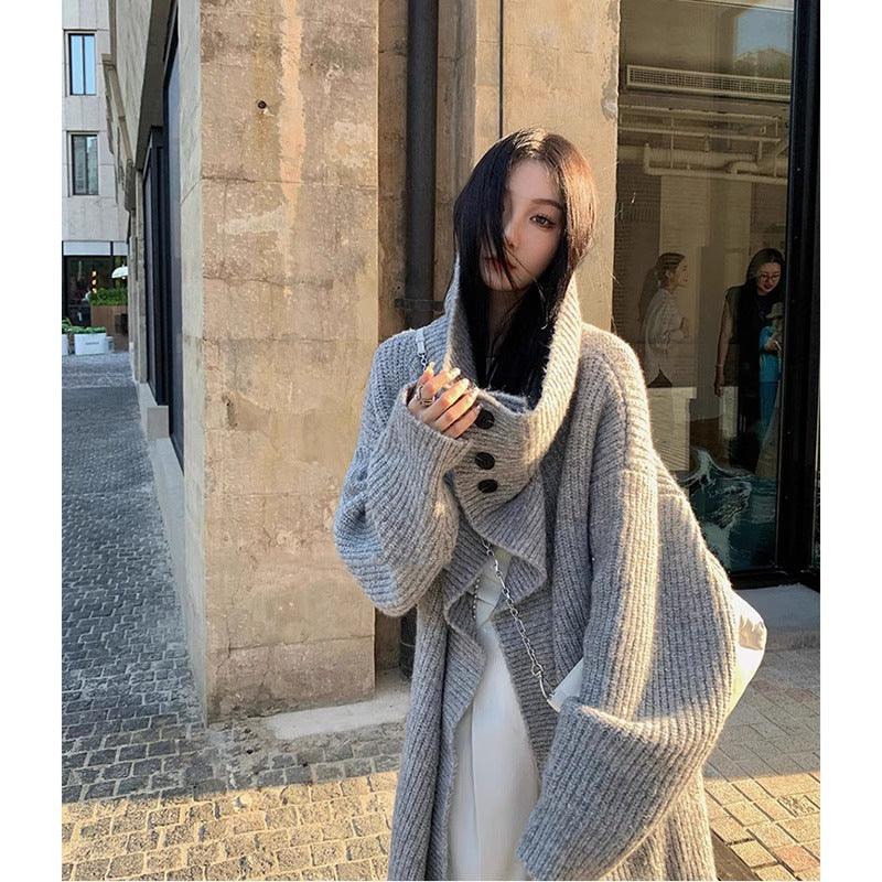 Autumn and Winter Large Lapel Long Cardigan Jacket Women's Autumn Design Sense Niche