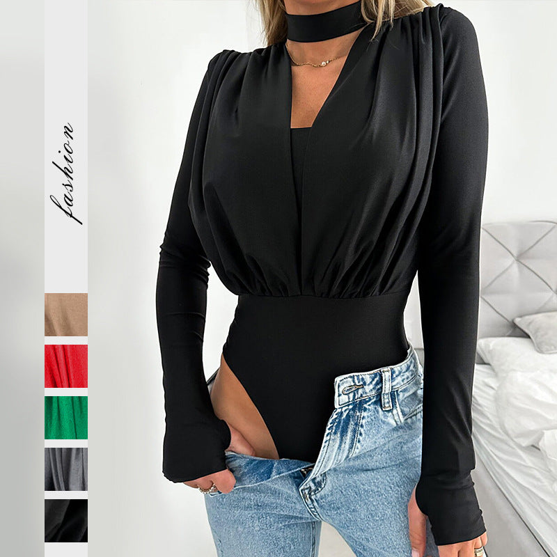 Sleek V-Neck Long-Sleeve Slim Fit Jumpsuit