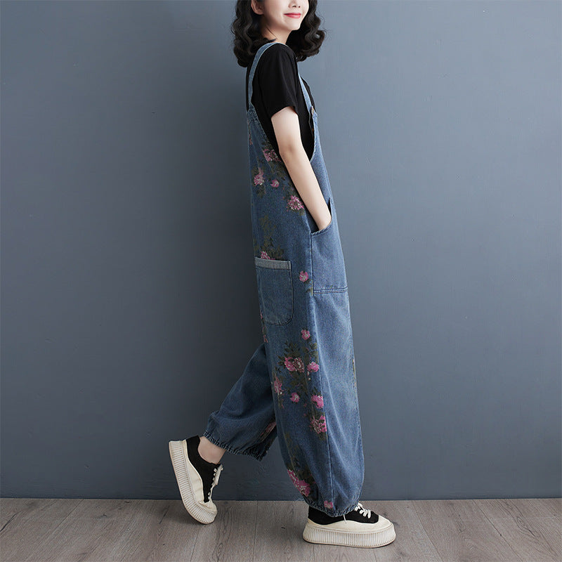 Denim Suspender Pants Straight Ankle-Tied Jumpsuit