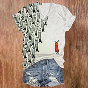 V-Neck Fish Print Short‑Sleeve Top – Trendy, Loose Fit