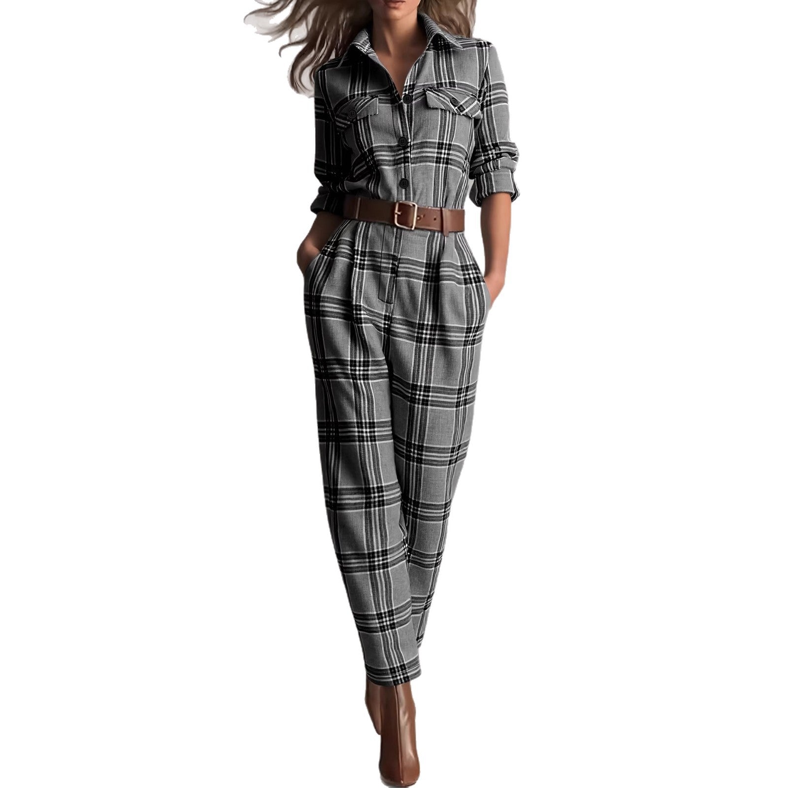 Retro Plaid High-Waisted Pocket Jumpsuit
