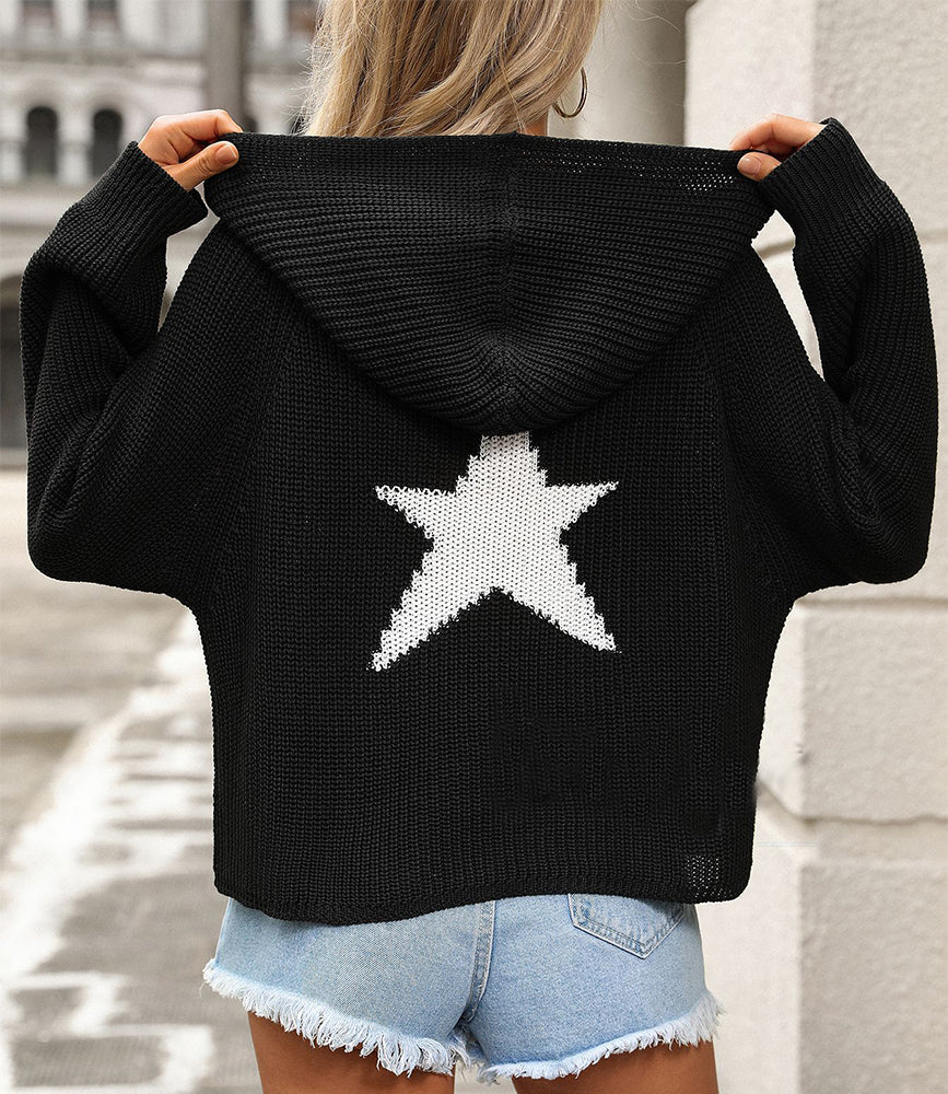 Stars Cropped Zip Hoodie Casual Long Sleeve Pocket Pullover