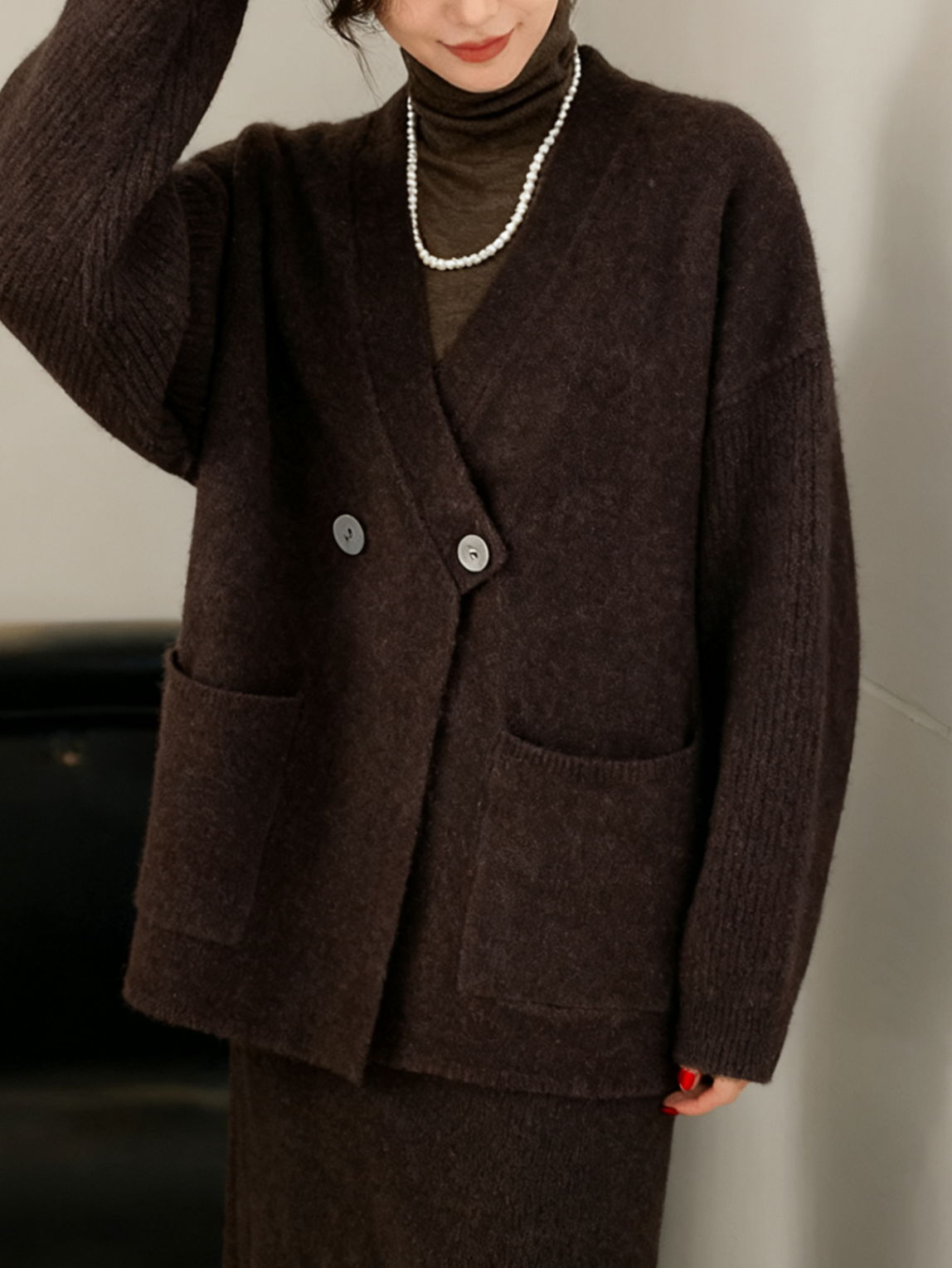 Ladies Irregular Wrap Front Two Buttons Drop Shoulder Knit Coat with Side Pockets
