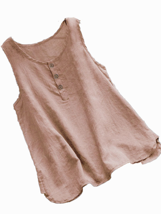 Solid Color Round Neck Loose Casual Vest Cotton Linen Shirt Women