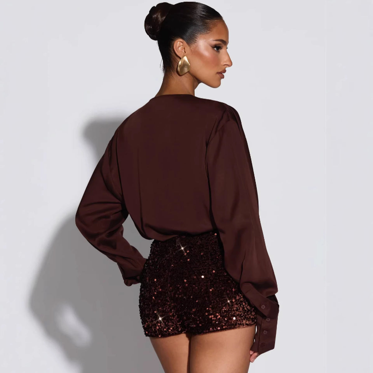 Satin Deep-V Long-Sleeve Bodycon Jumpsuit