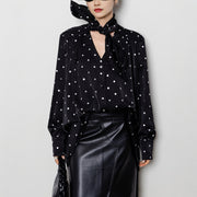 Retro Polka Dot Lace-Up Long-Sleeve Shirt – Cozy & Chic