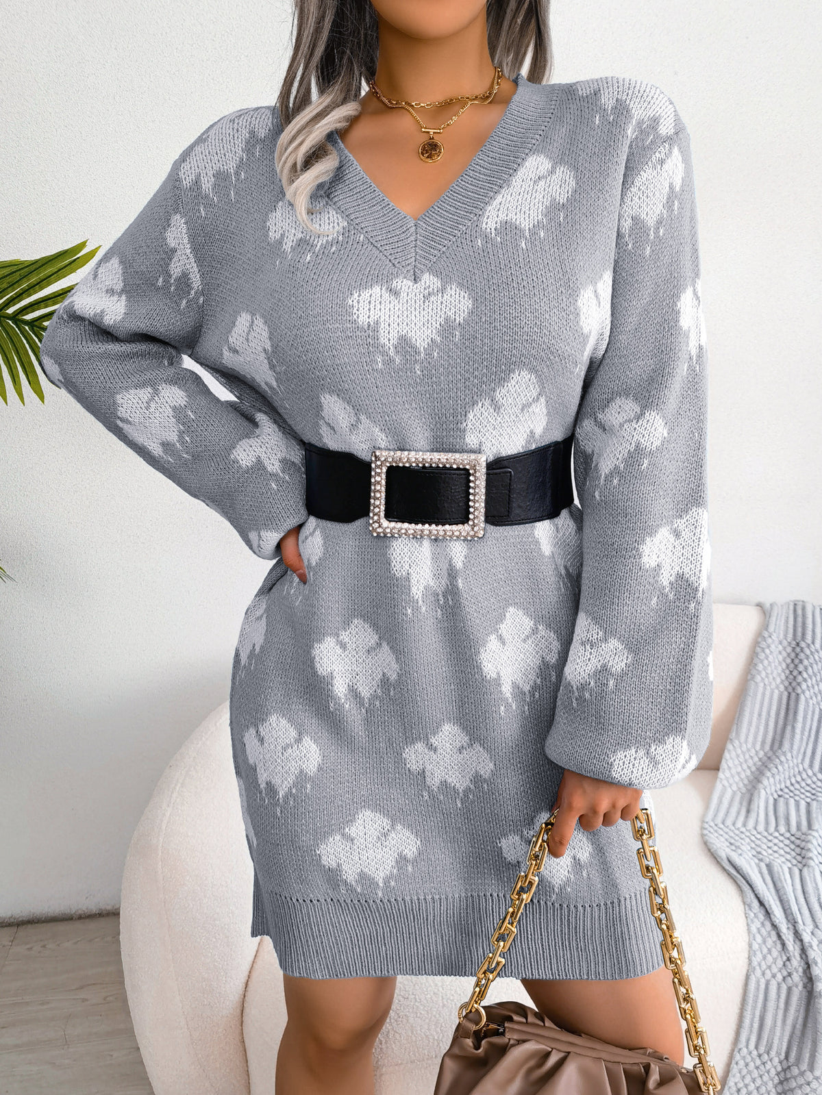 Women's Color-blocked Cloud Lantern Sleeve Knitted Slip Dress